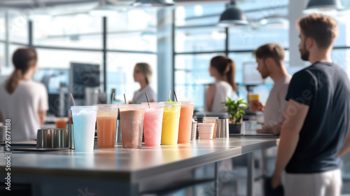 Office staff surrounding a table filled with ice-cold drinks, trying to cool down as they deal with the sweltering summer conditions