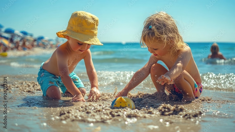 Happy Kids Playing on a Beach with Sand and Sea Happy Kids Playing on a Beach with Sand and Sea