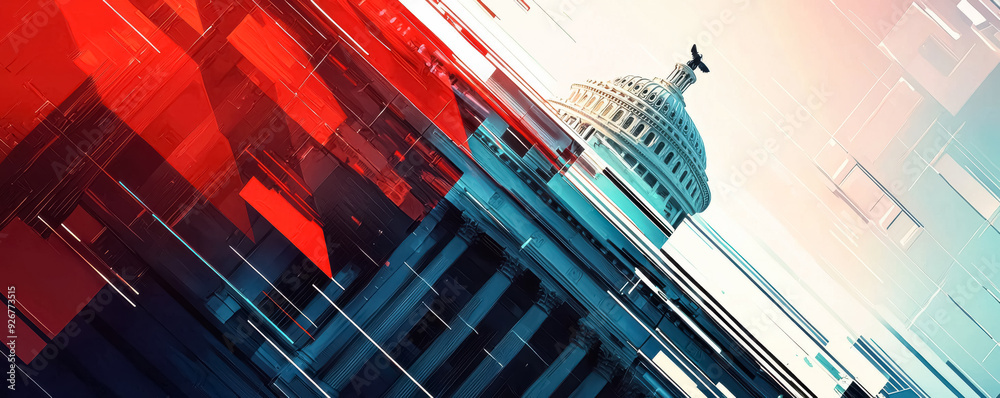 Obraz premium Election 2024 Politics at the Capitol. A striking abstract design of the Capitol Building in patriotic colors, representing the political stakes and campaigns of the upcoming election.