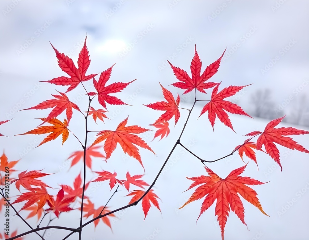 Orange and pink maple leaves on a snowy background create with ai Orange and pink maple leaves on a snowy background create with ai