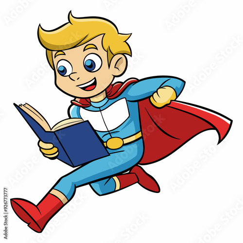 Vector little boy dressed as a superhero reading a book