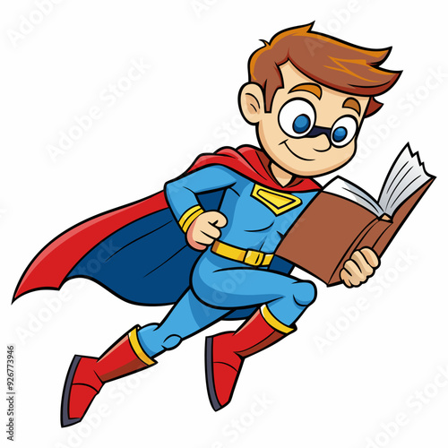 Vector little boy dressed as a superhero reading a book