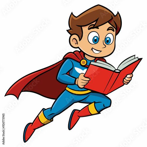 Vector little boy dressed as a superhero reading a book