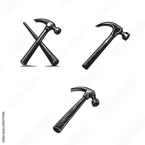 Crowbar Silhouette Set, Black and White Crowbar Vector Silhouettes in side view