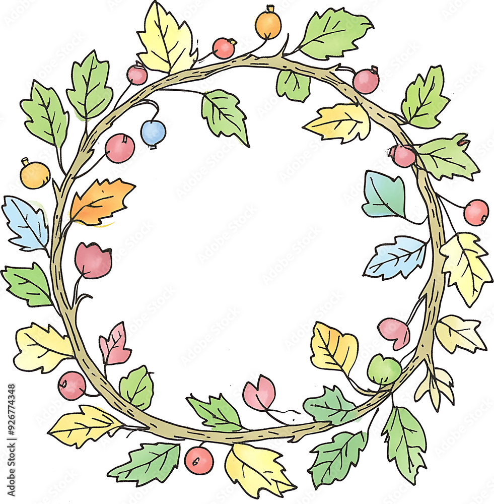 Fototapeta premium Colorful fall leaves wreath in doodle style captures the vibrant essence of autumn. This hand drawn, whimsical design features intricate foliage patterns perfect for festive decor