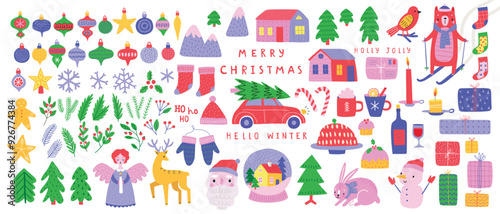 Christmas set of graphic elements, hand drawn style - cute objects, snowmen, Santa Claus and other elements. Vector illustration.