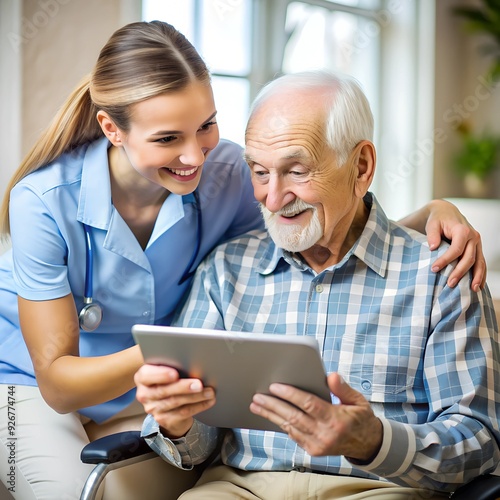 Elderly man uses touchpad with help of young healthcare worker at nursing home.