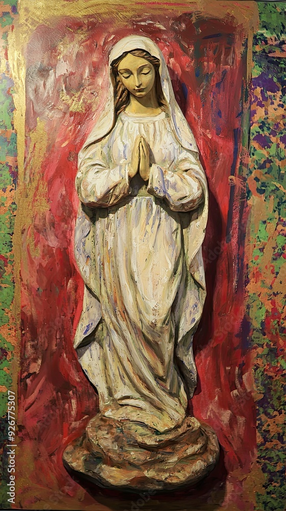 Statue of Praying Figure in Colorful Background, Showcasing Intricate Details and Vibrant Artistry Statue of Praying Figure in Colorful Background, Showcasing Intricate Details and Vibrant Artistry