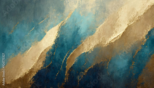 Elegant abstract art painting on coated texture wall in turquoise, blue, beige, golden metal, dark blue colors, gold paint stains and cool tones, vintage grunge, modern style background or wallpaper.