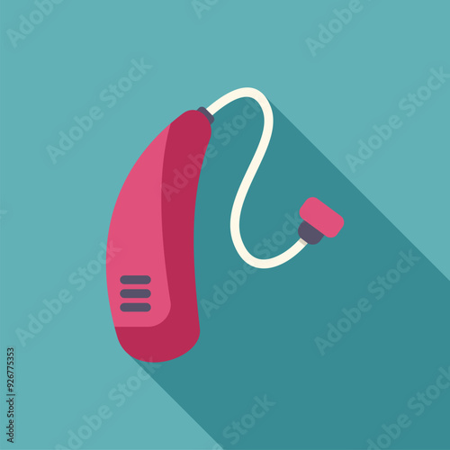 Pink hearing aid resting on a blue background with a long shadow
