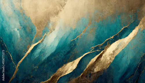 Elegant abstract art painting on coated texture wall in turquoise, blue, beige, golden metal, dark blue colors, gold paint stains and cool tones, vintage grunge, modern style background or wallpaper.