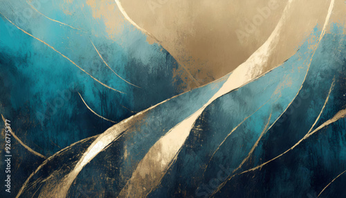 Elegant abstract art painting on coated texture wall in turquoise, blue, beige, golden metal, dark blue colors, gold paint stains and cool tones, vintage grunge, modern style background or wallpaper.