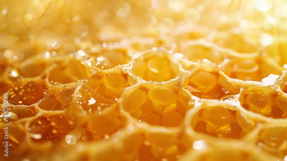 Honey close-up. Amber sweet honey in honeycomb. Transparent honey flows down the honeycomb Honey close-up. Amber sweet honey in honeycomb. Transparent honey flows down the honeycomb