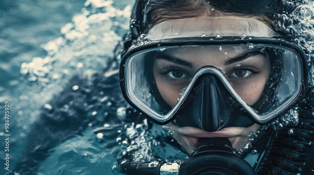 Female Diver in Diving Suit and Gear Navigating Open Sea Female Diver in Diving Suit and Gear Navigating Open Sea