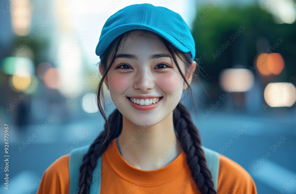 Japanese woman in a blue cap and orange shirt walks down a Tokyo street, with a shallow focus highlighting her joyful expression. Japanese woman in a blue cap and orange shirt walks down a Tokyo street, with a shallow focus highlighting her joyful expression.
