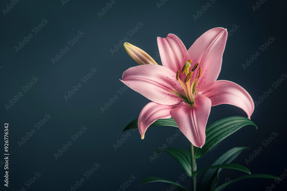 Fototapeta premium Elegant Pink Lily Flower on Dark Background - Nature, Bloom, Petals, Green Leaves, Floral Photography