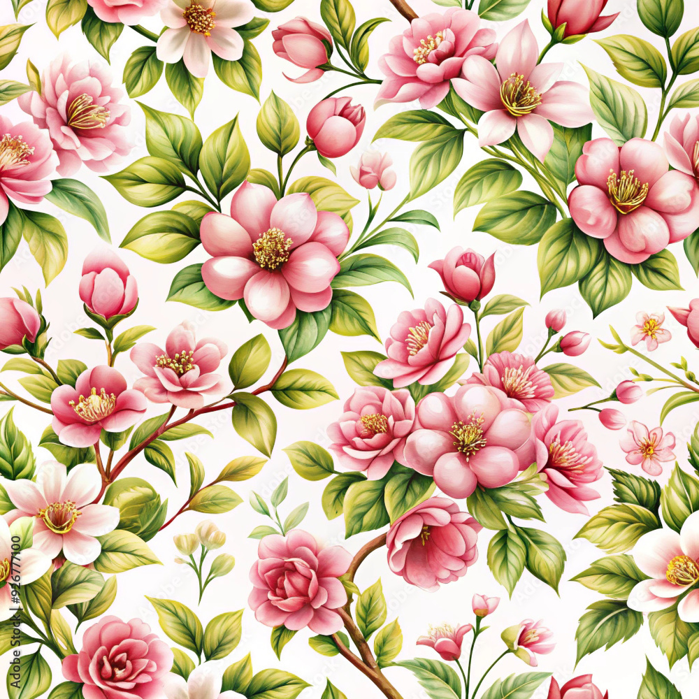 pink flowers sakura with lush green leaves are arranged in a repeating pattern pink flowers sakura with lush green leaves are arranged in a repeating pattern
