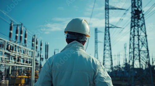 Backview of Electrical Engineer Inspecting High Voltage Power Lines