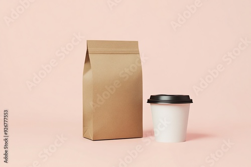 brown coffee bag mockup with a paper cup next to it on a pastel background photo