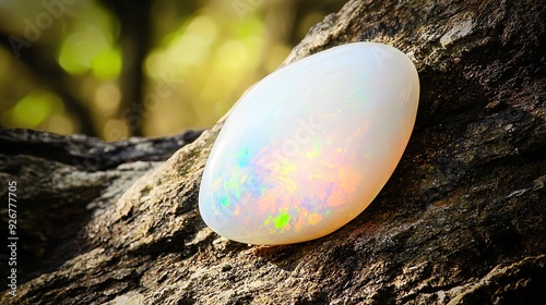 Natural Stone Opal Resting on Textured Wood Surface Under Soft Sunlight in a Serene Outdoor Setting