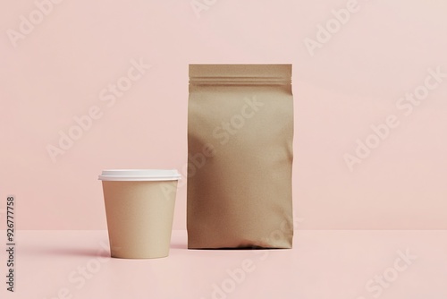 brown coffee bag mockup with a paper cup next to it on a pastel background photo