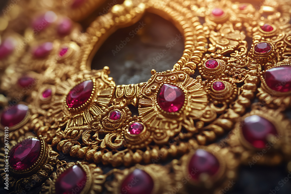 A beautiful golden necklace with multi colored gem stones on dark black background. A beautiful golden necklace with multi colored gem stones on dark black background.