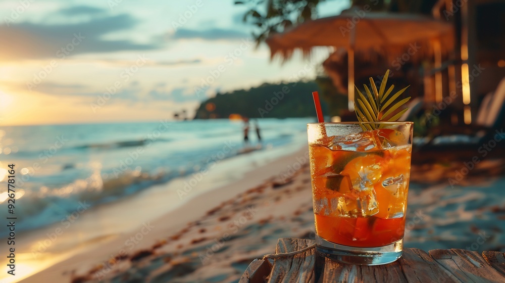 Pineapple juice adore with pineapple slice and sea view on background. Summer drinks and background for summer and relax on vacation.