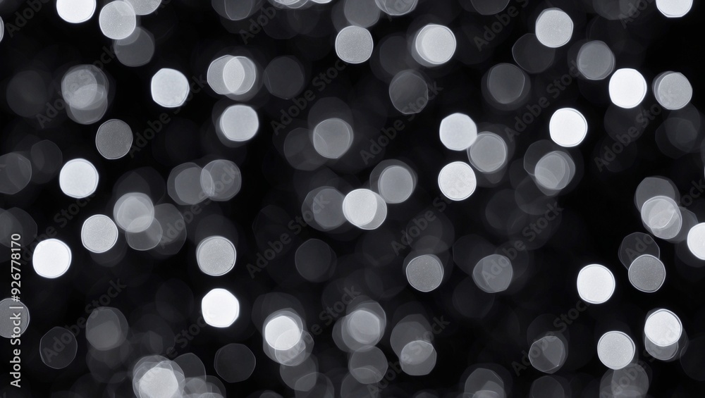 Abstract bokeh lights in shades of white and grey on dark background