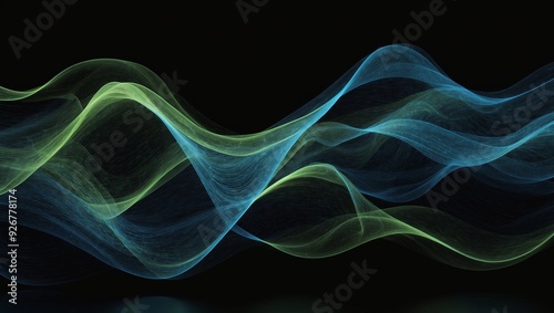 Abstract waves of glowing green and blue light on black background.