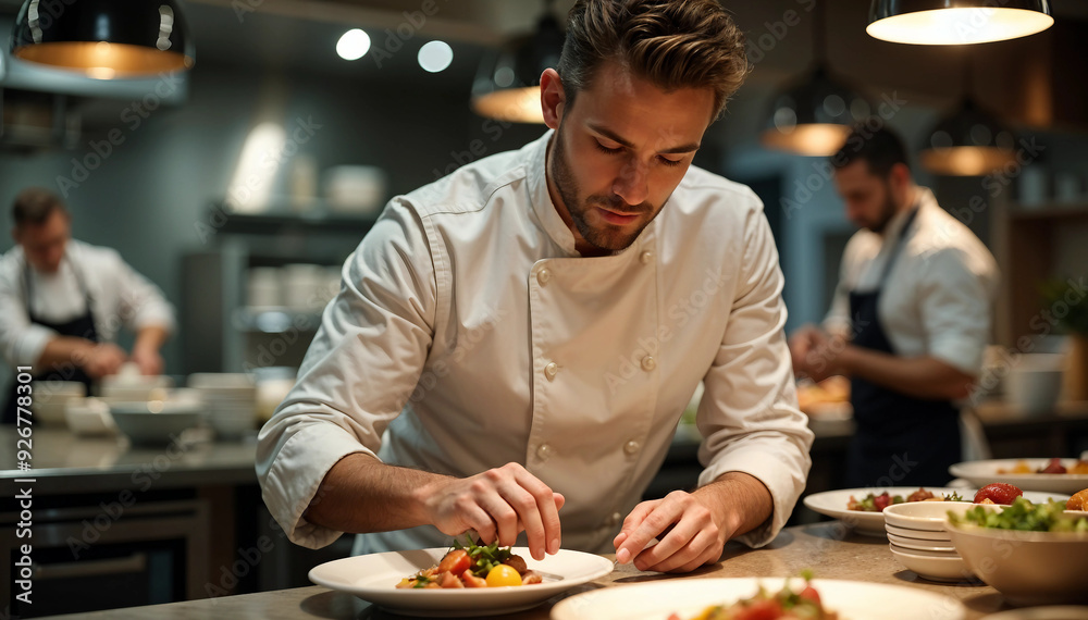 Portrait of an African American chef adding the finishing touch to his dish.
Portrait of an African American chef adding the finishing touch to his dish.