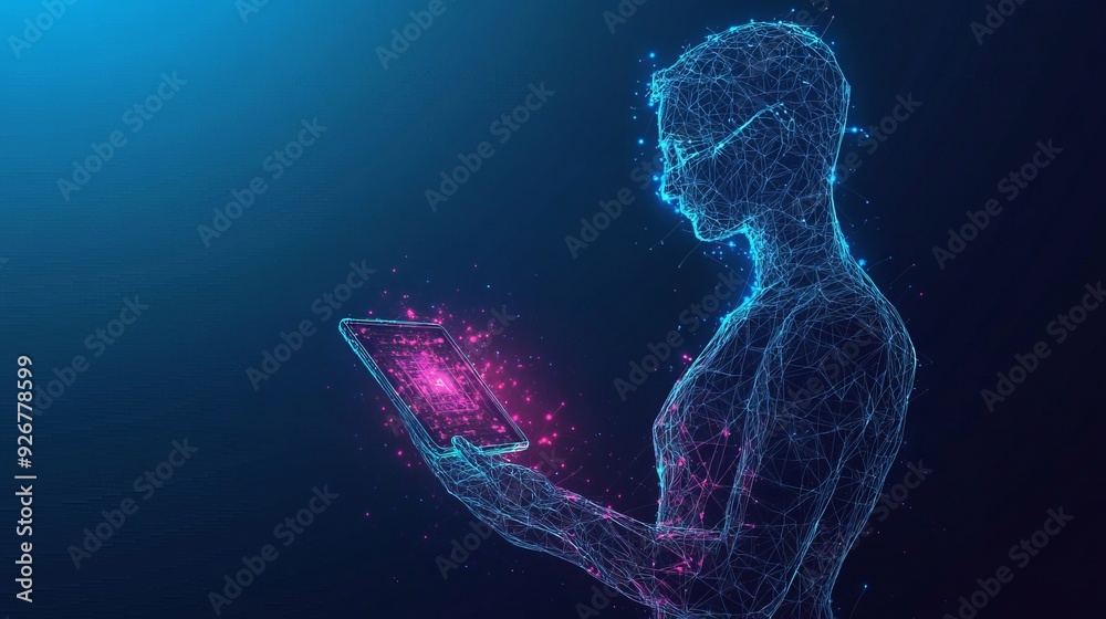 Abstract wireframe of a man holding a tablet with an AI chip hologram Background featuring technology innovation a tech background and the concept of artificial intelligence with a