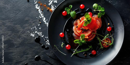 Fototapeta Naklejka Na Ścianę i Meble -  Elegant Plated Cuisine with Fresh Tomatoes, Herbs, and Balsamic Glaze on Dark Background
