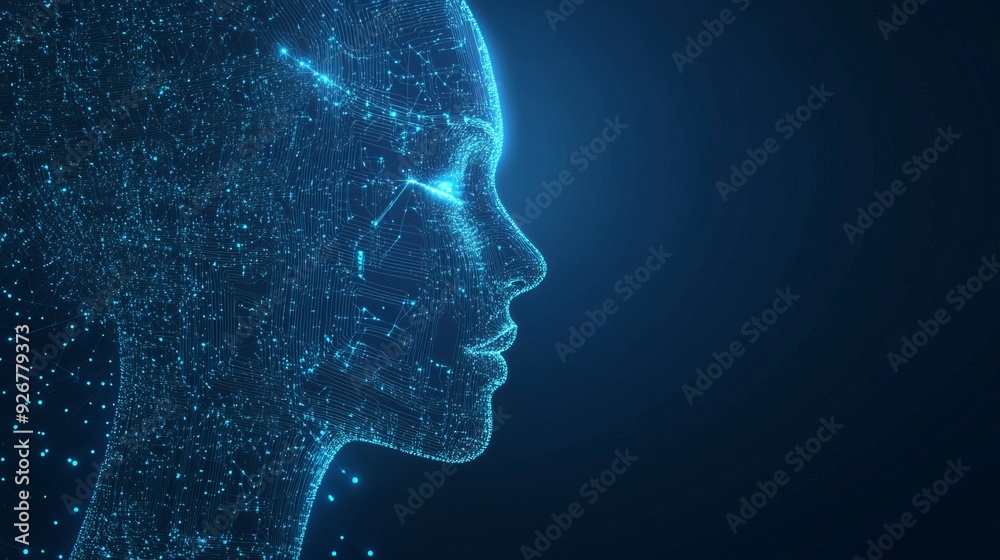 Big data and artificial intelligence concept illustrating machine learning and cyber mind domination as a womans face outline with a circuit board and binary data flow on a blue Big data and artificial intelligence concept illustrating machine learning and cyber mind domination as a womans face outline with a circuit board and binary data flow on a blue