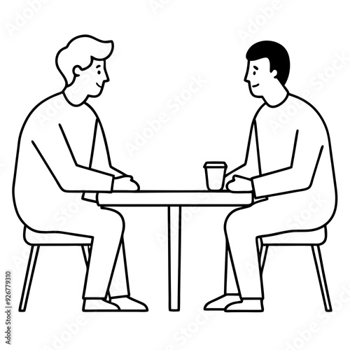 two men are sitting at a table opposite each other and talking