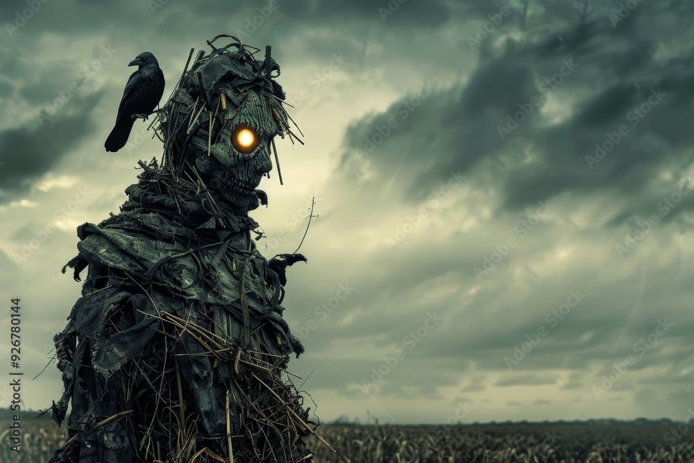 Fototapeta premium Menacing Halloween Scarecrow with Glowing Eyes and Crow in Desolate Field Under Ominous Clouds