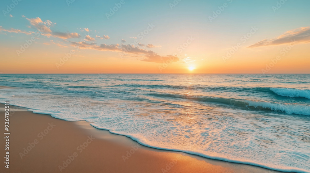 Obraz premium A peaceful beach at sunset, featuring gentle waves washing onto the shore, under a colorful sky with soft clouds