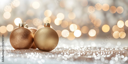 Golden Christmas Ornaments with Sparkling Bokeh Background for Festive Holiday Decor