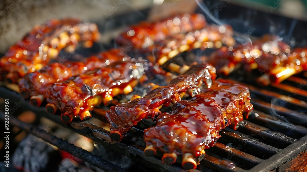 Grilled pork baby ribs with barbecue sauce on the grill festival street food Grilled pork baby ribs with barbecue sauce on the grill festival street food