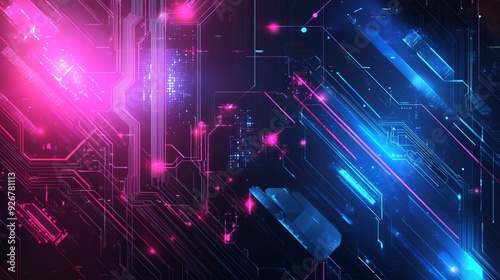 Digital technology electronic chip on a pink and blue background concept featuring CPU RAM memory microprocessor computer electric hardware Cyber future futuristic theme with abstract big