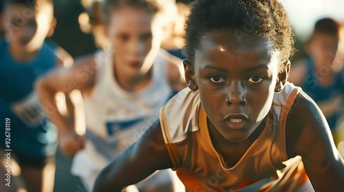 Young athletes competing in a race, capturing the intensity and determination on their faces as they sprint towards the finish line