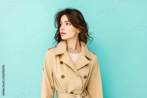 Stylish Woman Wearing Beige Trench Coat Against Blue Background