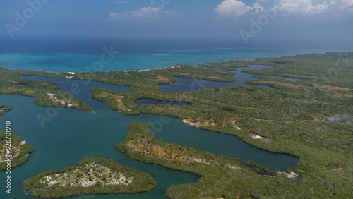 A beautiful aerial view of the San Bernardo Archipelago Colombia, a body of water with many islands.