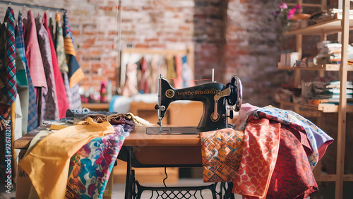 A quiet, creative workspace filled with a collection of colorful, patterned fabrics and an antique sewing machine on an old wooden table.
