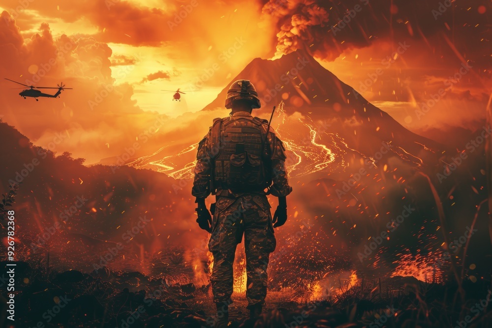 Military, helicopter, and soldier by explosion for service, battlefield, or woodland conflict with army clothing and protection. Warzone, warrior, and camper see apocalypse in woods for defense. Military, helicopter, and soldier by explosion for service, battlefield, or woodland conflict with army clothing and protection. Warzone, warrior, and camper see apocalypse in woods for defense.