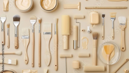 Flatlay of Painting Tools with Beige and Cream Color Palette