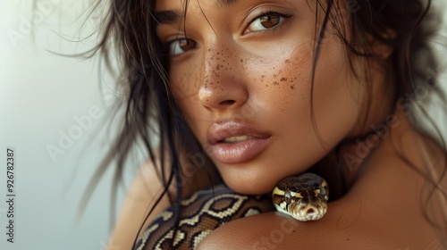 Beautiful woman with snake on neck for art aesthetic with exotic zoo animal on white background. Asian model in studio with hazardous pet python. Creativity and risk. photo