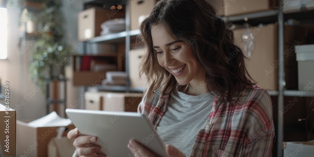 Designer, package, and tablet for online shop planning, e-commerce, and inventory/logistics management Startup, small business, and women using digital technology for sales Designer, package, and tablet for online shop planning, e-commerce, and inventory/logistics management Startup, small business, and women using digital technology for sales
