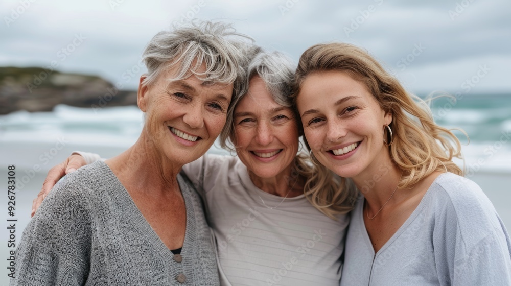 Relax and enjoy time together with a beach hug and grandma, mother, and adopted child portrait. Peace, freedom, and grandma, mom, and kid love in winter Relax and enjoy time together with a beach hug and grandma, mother, and adopted child portrait. Peace, freedom, and grandma, mom, and kid love in winter
