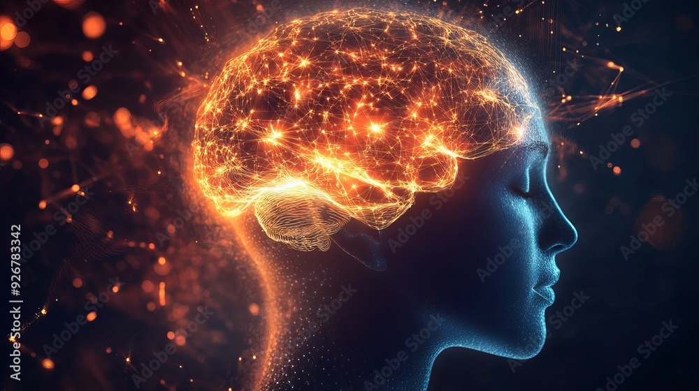 Human head with a luminous brain network representing consciousness and artificial intelligence Human head with a luminous brain network representing consciousness and artificial intelligence