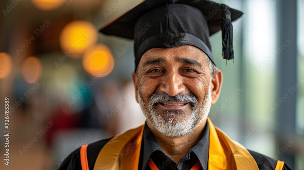 Fototapeta premium Graduate, senior lawyer, and smiling man in street, city, or outdoor. Successful Brazilian university graduate, elderly attorney, face, advocate, or professional.